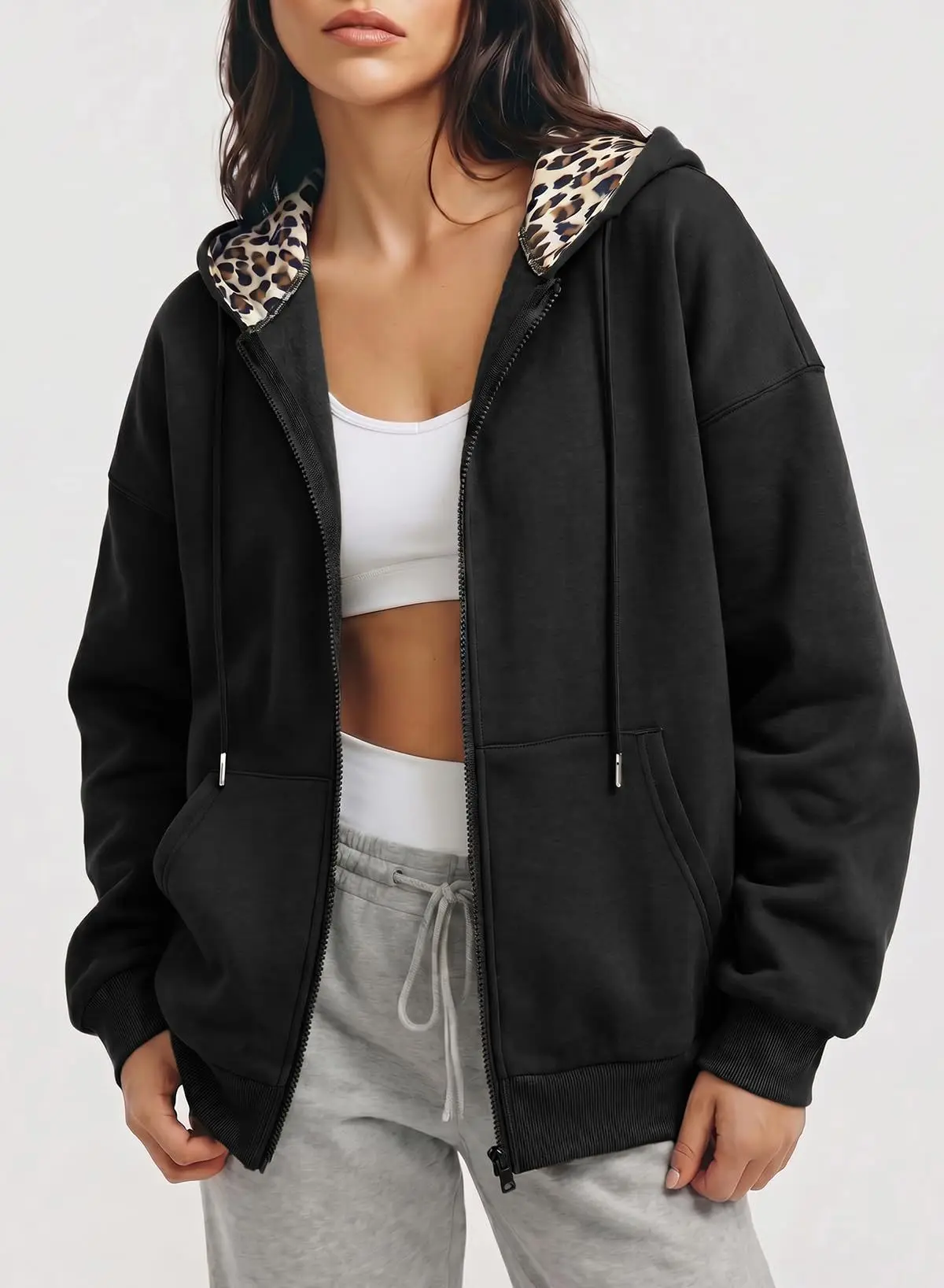 Women's Full Zip Hoodie with Leopard Hood Lining Oversized Long Sleeve Jacket Winter Warm Fleece Lined Sweatshirt Streetwear