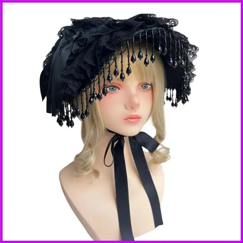 

Готическая кружевная шляпа с капюшоном в стиле аниме, головной убор для горничной, регулируемые завязки на шею, черный головной