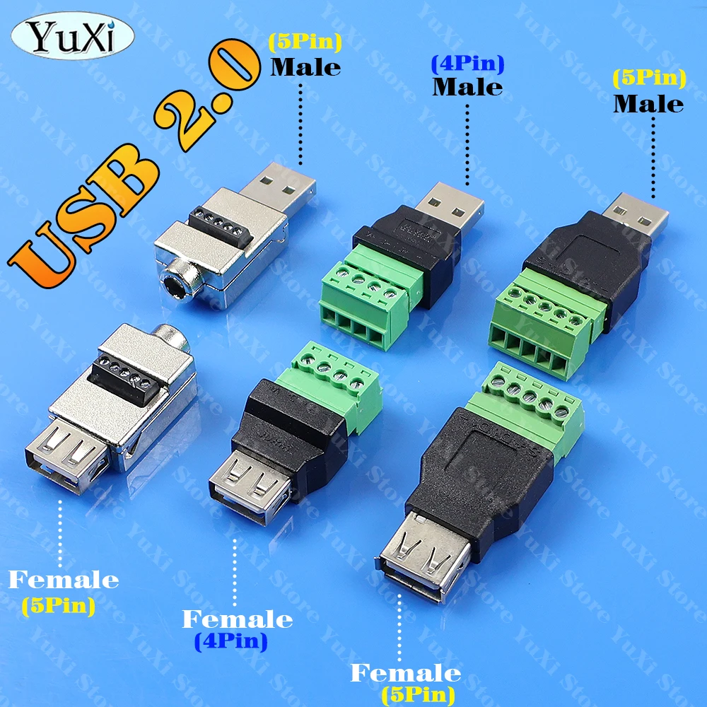 1/2/5Pcs USB 2.0 Connector Type A Female Male to 4/5 Pin Screw Terminal Plugs USB Connector Adapters Turn Terminal Avoid Welding
