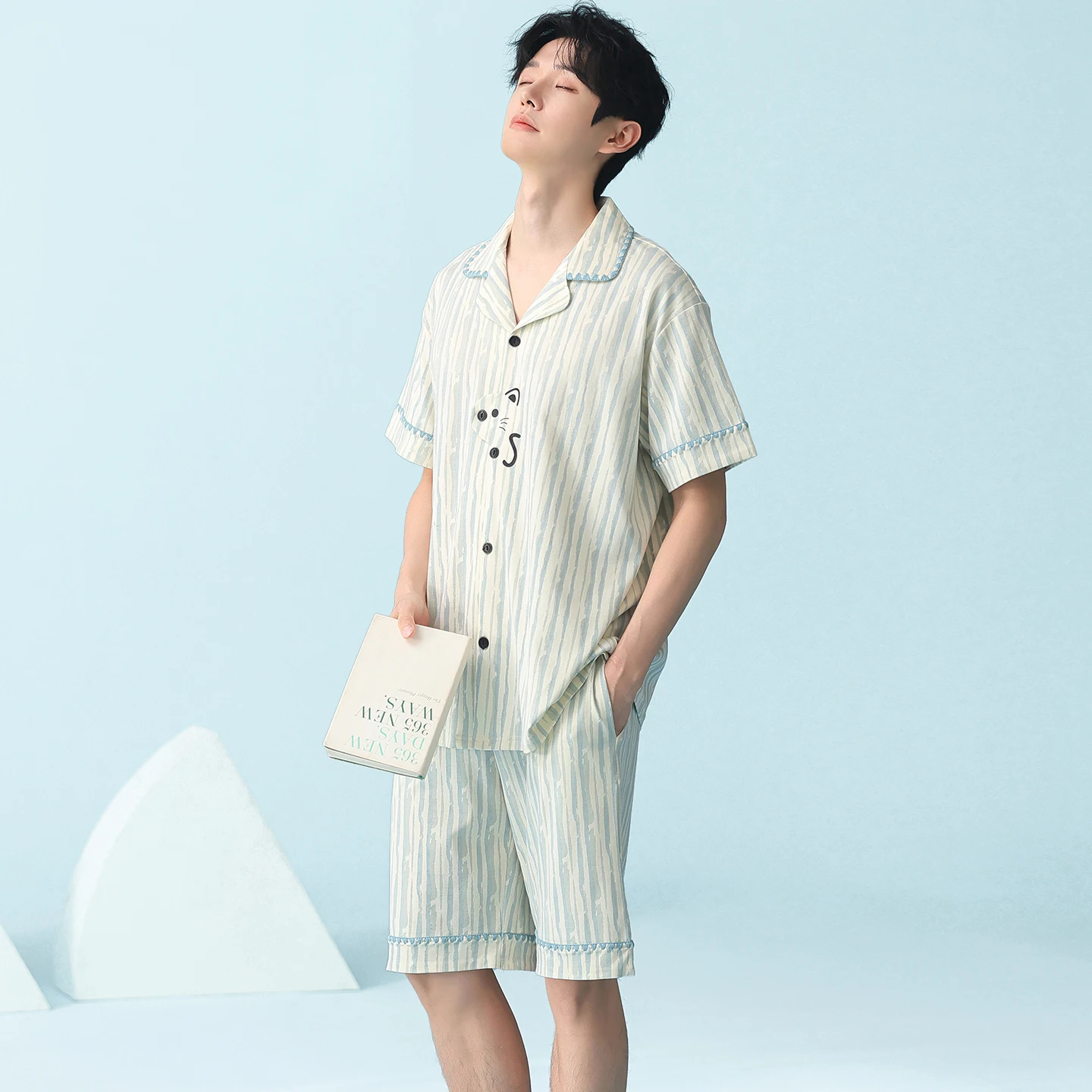 MiiOW Casual Pure Cotton Men's Sleepwear Short Sleeve Shorts Two-Piece Set Cartoon Striped Cardigan Teenager Wearable Home Wear