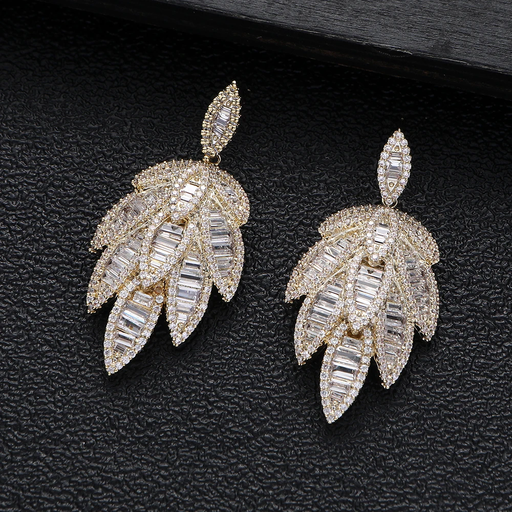 Luxury Rectangle Leaf Earring For Women Wedding Cubic Zirconia Dubai Bridal Earrings Costume Jewelry Summer Party A19042