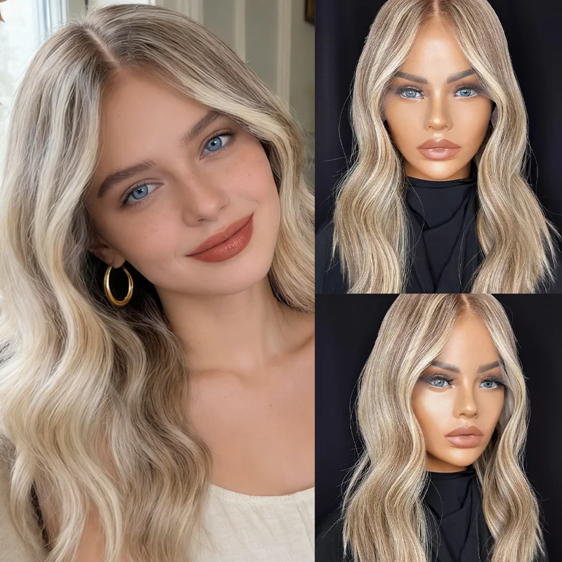Blonde Highlight Lace Front Wig Long Wavy Ombre Brown Golden Blonde 13x4 Synthetic Lace Front Wigs for Women 22 Inches Cosplay