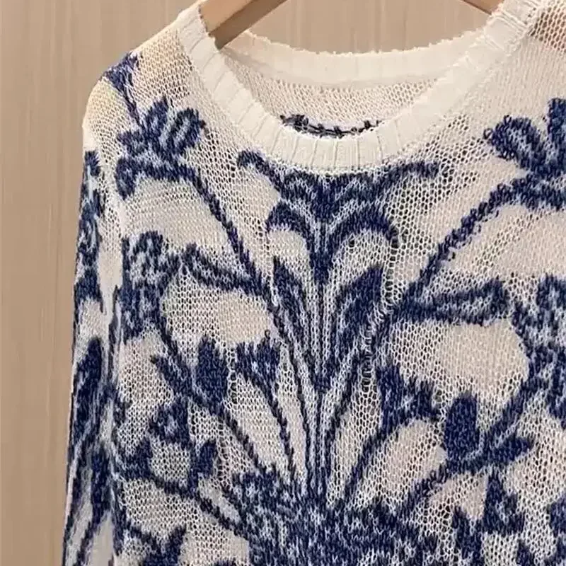 High Quality Hollow Out Flowers Jacquard Knitted Pullover Spring Summer Women Thin Sweater Luxury Long Sleeve Jumpers Tops K048