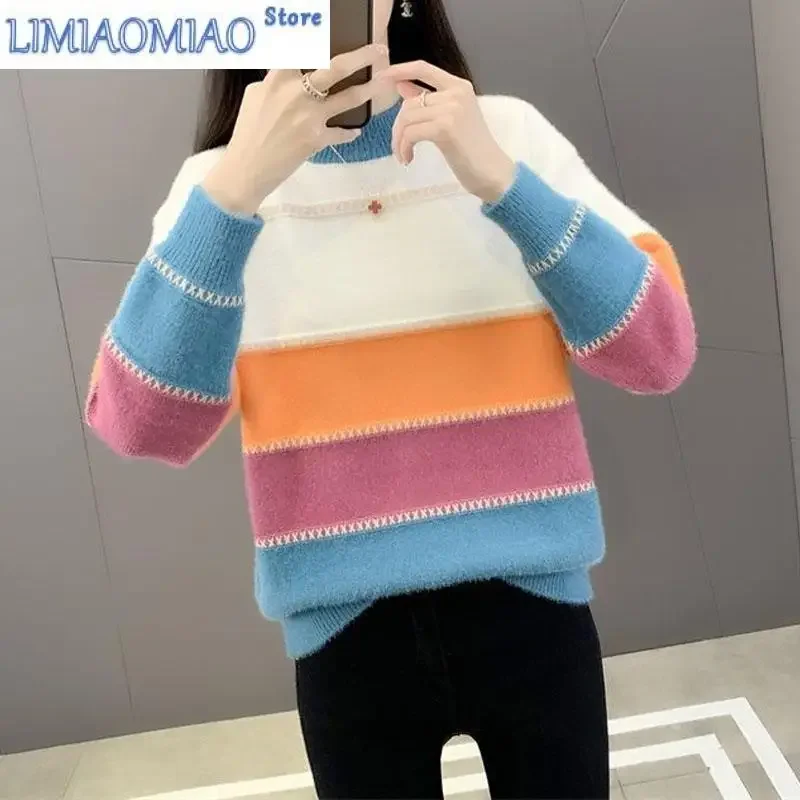 New Autumn/Winter Fashion Korean Edition Colored Mink Fleece Half High Neck Loose Versatile Western Women's Knitted Sweater