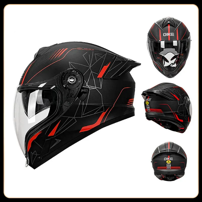 

A Bluetooth-capable motorcycle helmet with dual lenses and a large rear wing, suitable for both men and women, DOT certified