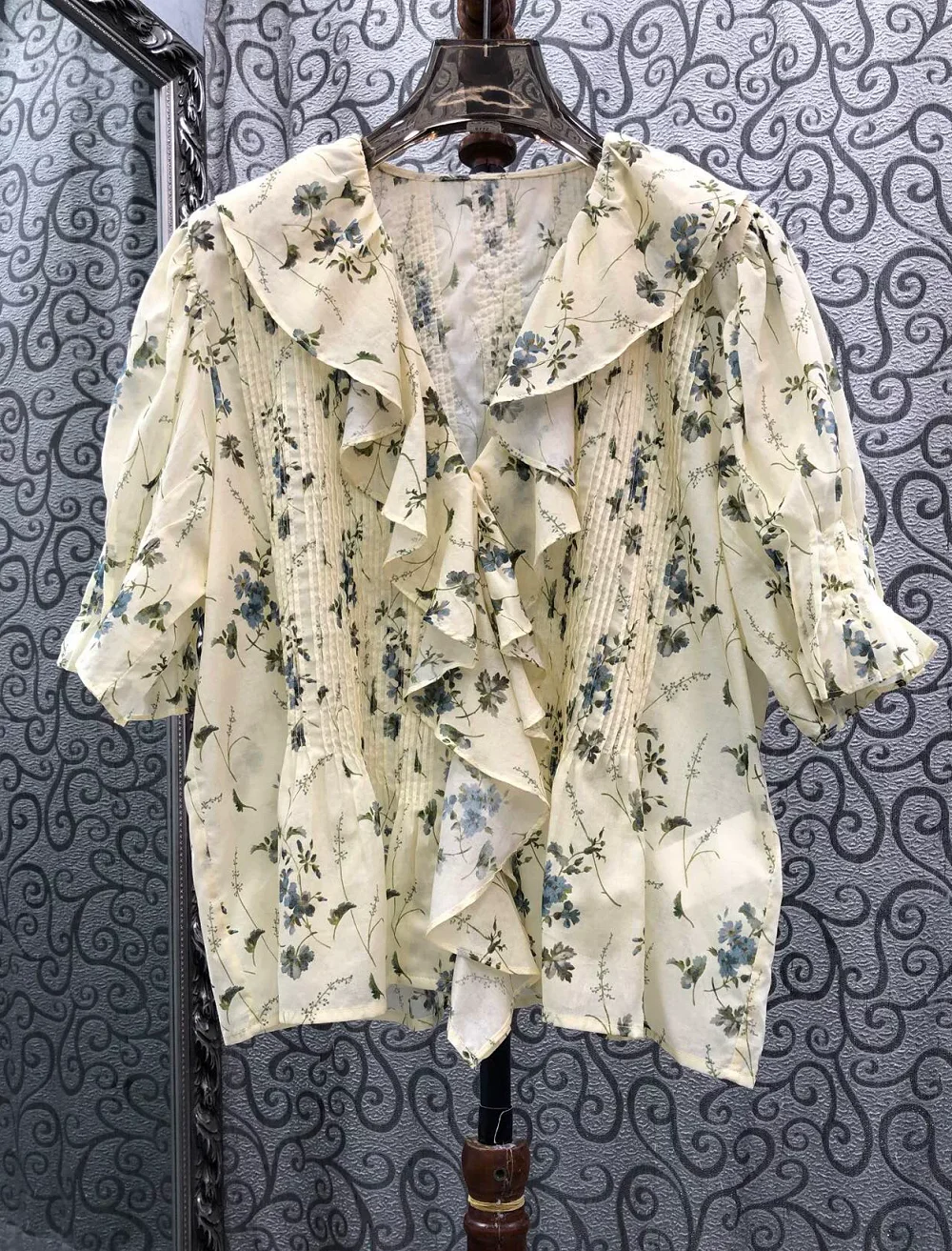 

100%Cotton Blouse Shirts 2026 Summer Fashion Women Sexy V-Neck Sweet Little Floral Print Short Sleeve Casual Vintage Tops Blouse