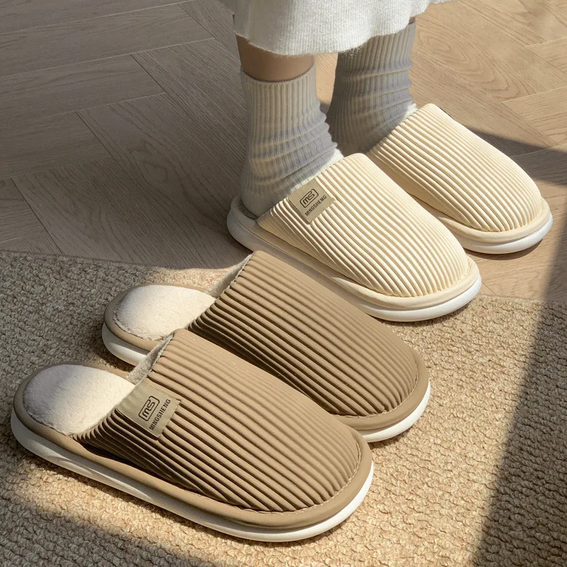 

New Striped Waterproof Cotton Couple Slippers Winter Short Plush Lined Home Slides Warm Velvet Non-slip Floor Soft Heel Slippers