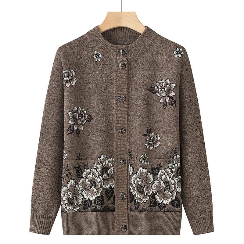 Knitwear Woman Clothes Vintage Wool Spring Autumn Cardigan For Women Long Sleeve Middle Aged Mother Sweaters Coats Female Top