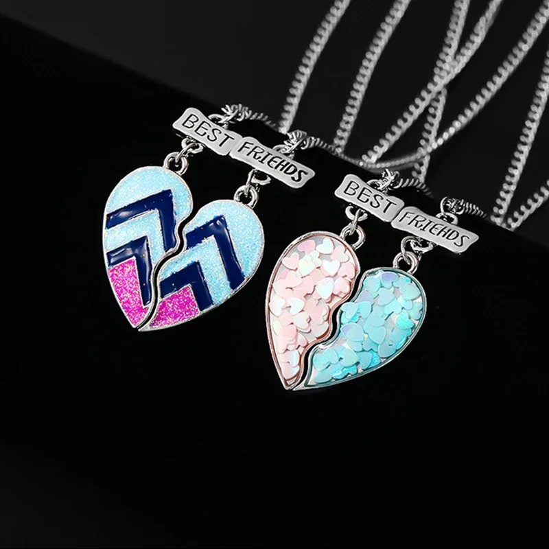 A Girl 2Pcs/set Sequin Heart Broken Stitching Pendant Necklace BFF Friendship Jewelry Gifts for Girls Women