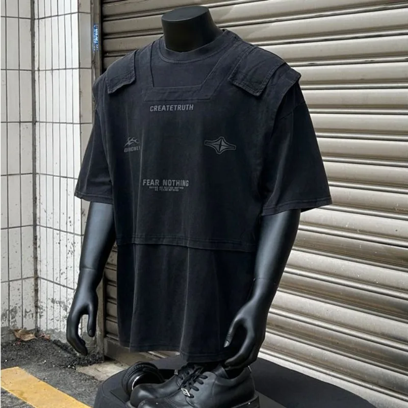 Men's Retro Vintage Workwear Short Sleeved T-shirt Street Hip-hop Trendy Niche Design Loose Tops Fake Bulletproof Vest T-shirt