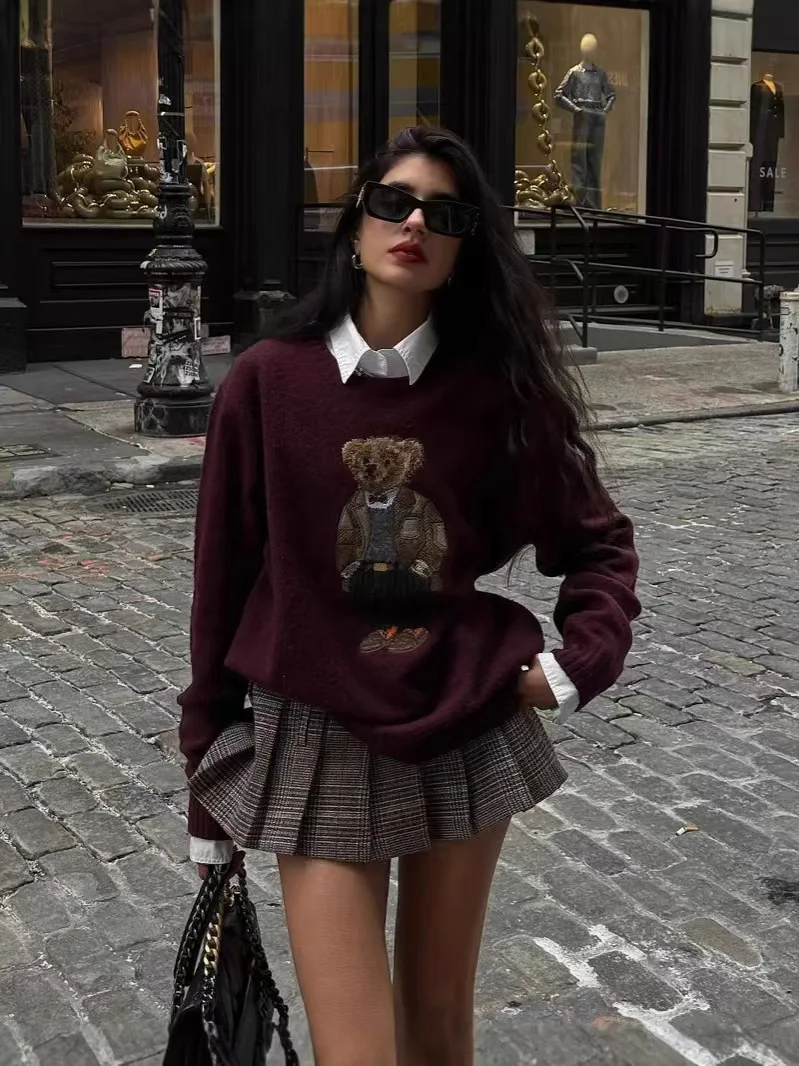 Embroidered Cartoon Bear Y2K Long Sleeve Sweater - Image 4