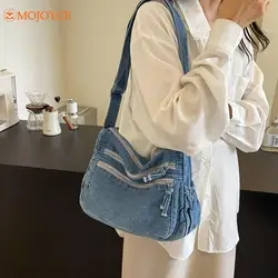 Women's Denim Crossbody Bag Large Capacity Shoulder Bag Adjustable Strap Vintage Satchel Bag Multi-pockets Casual Messenger Bags