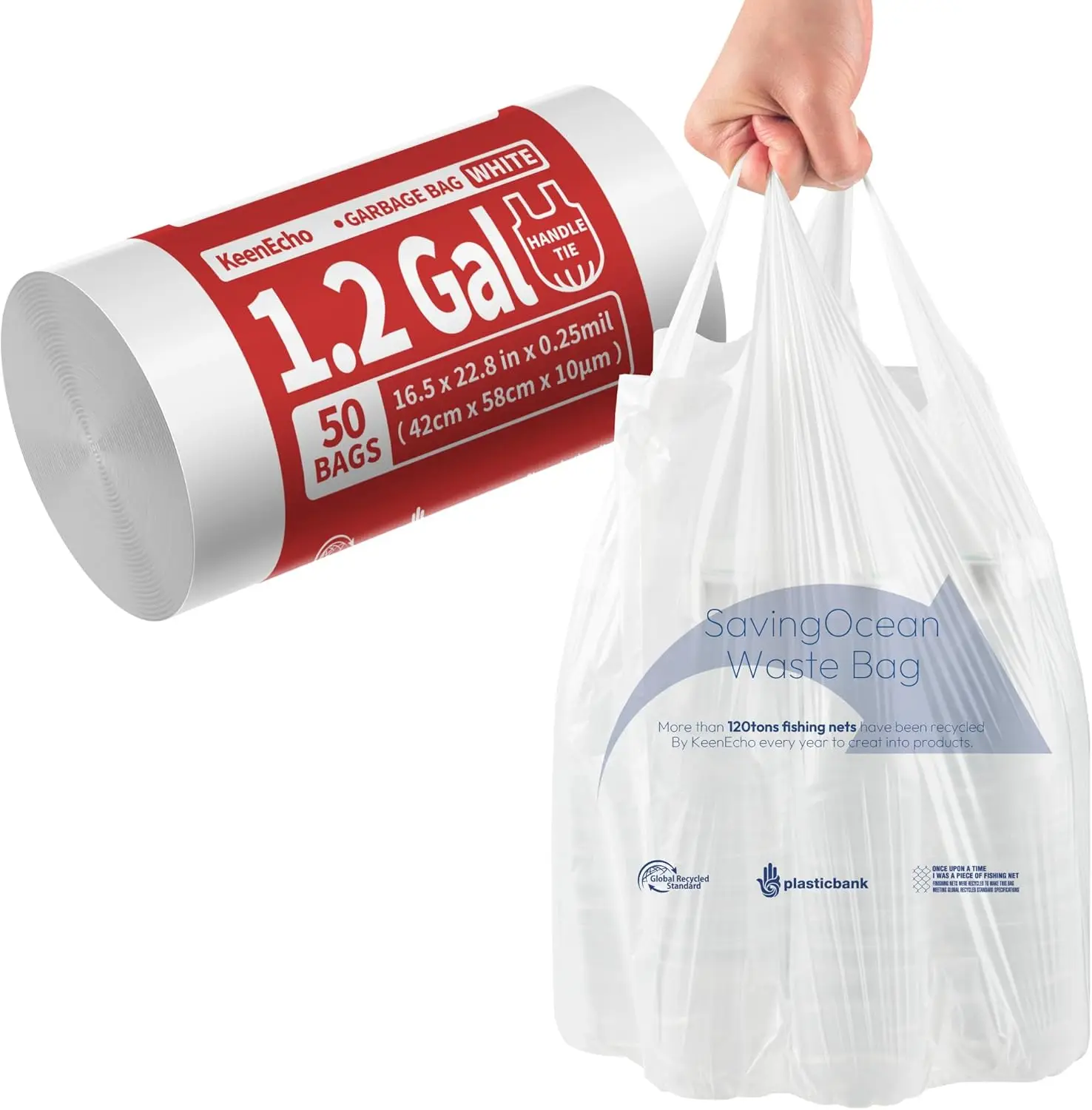 

1.2 Gallon White Trash Bags with Handles, 50 Count - Recycled Ocean Plastic, Leak-Proof for Kitchen, Bathroom, Office & Pets
