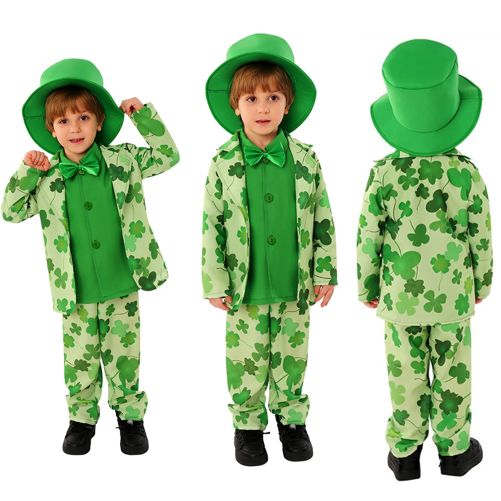 

St. Patrick'S Day Kids Cosplay Costume Boys Green Suit Lucky Clover Stage Performance Clothes Coat Pants Hat School Festival Set