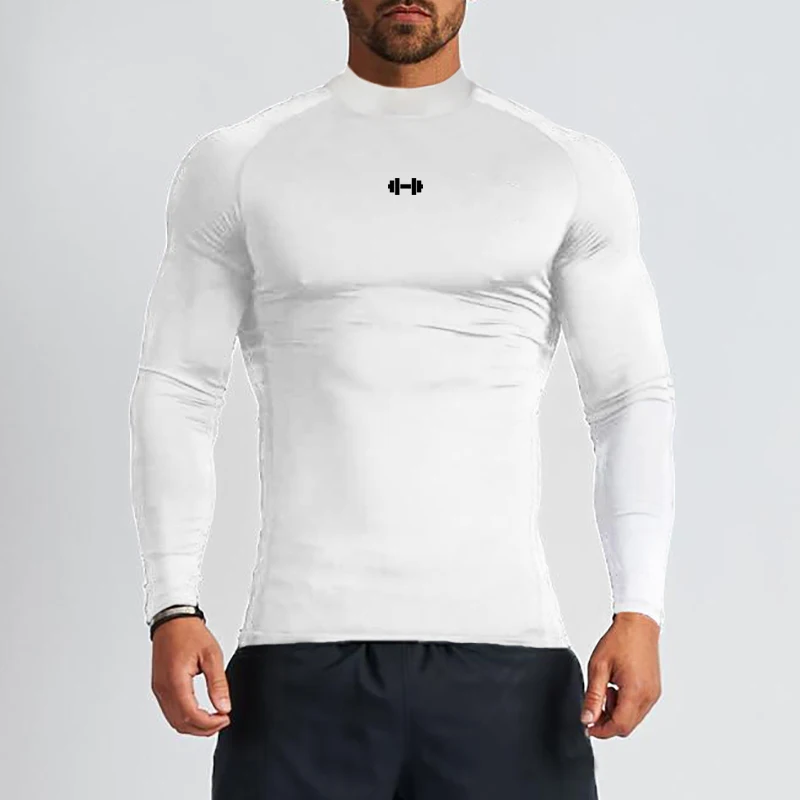 Turtleneck Compression Long T Shirt Mens Skinny Gym Clothing Workout Tees Shirt Autumn Bodybuilding Fitness Tight Sports Tops