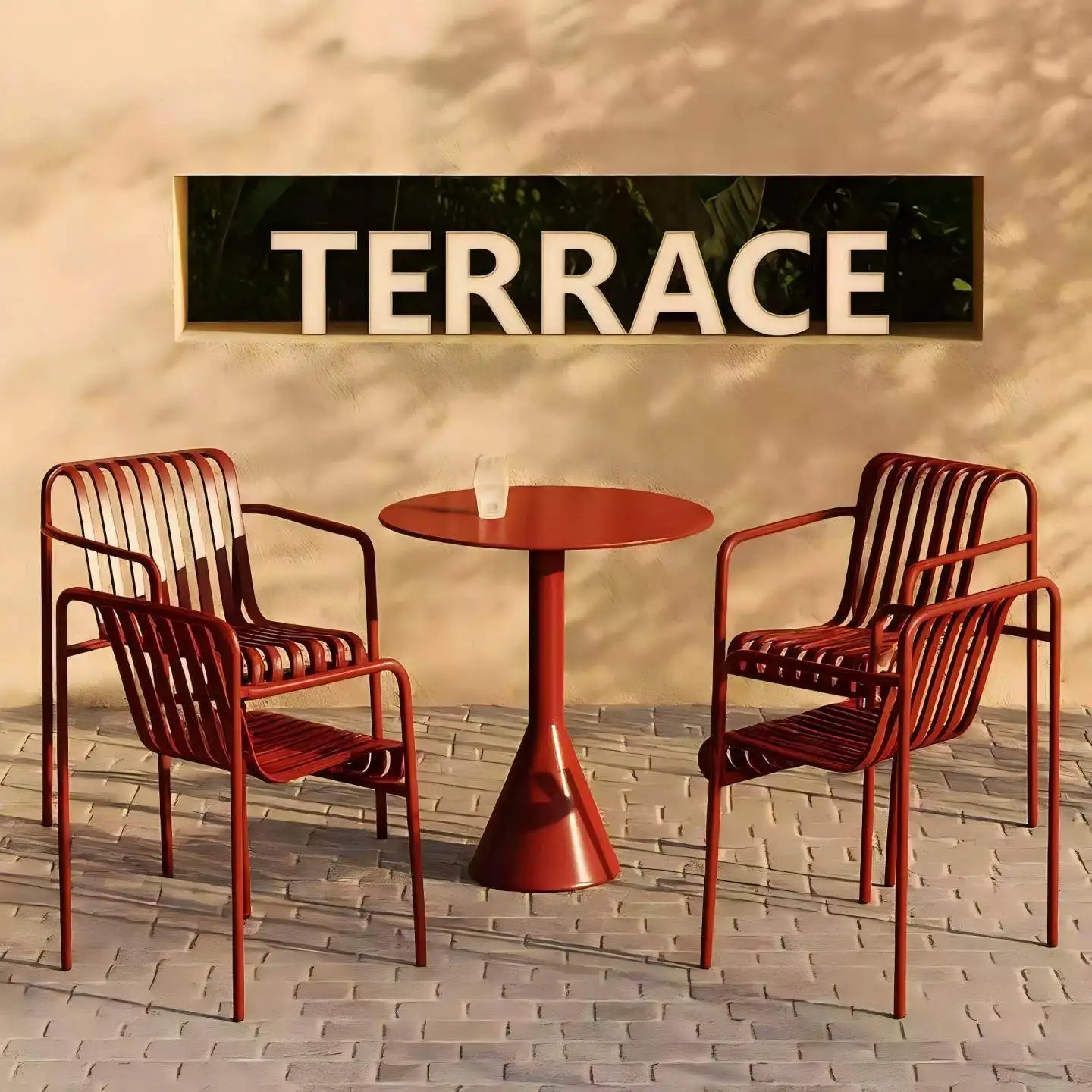 

Outdoor table and chair combination Internet celebrity dark red courtyard garden coffee corner wrought iron round table five-pie