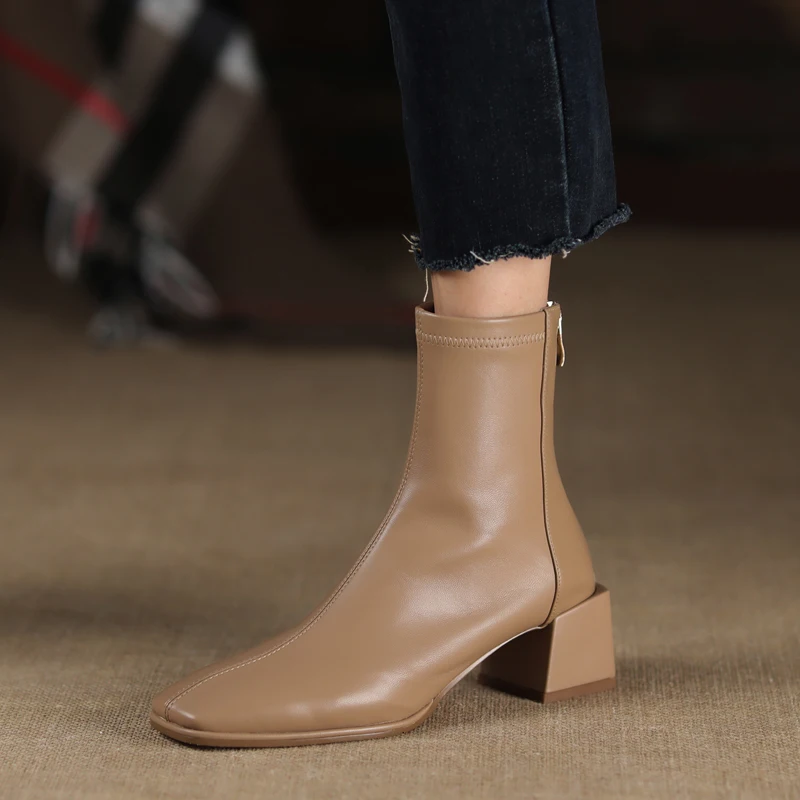 2023 New Autumn Women Leather Ankle Boots Fashion Female Mid Thick Heels Elegant Lady White Black Apricot Square Toe Zip Shoes