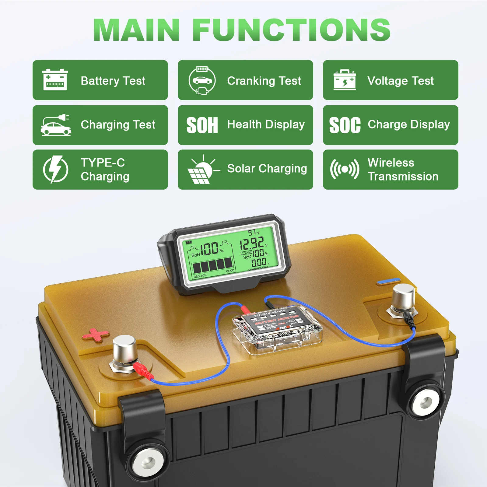 ANCEL BM200 PRO LED-batterijtester voor 12V batterijmonitor Display Batterijgezondheid SOH SOC-tester Analyzer Oplaadtester Gereedschap