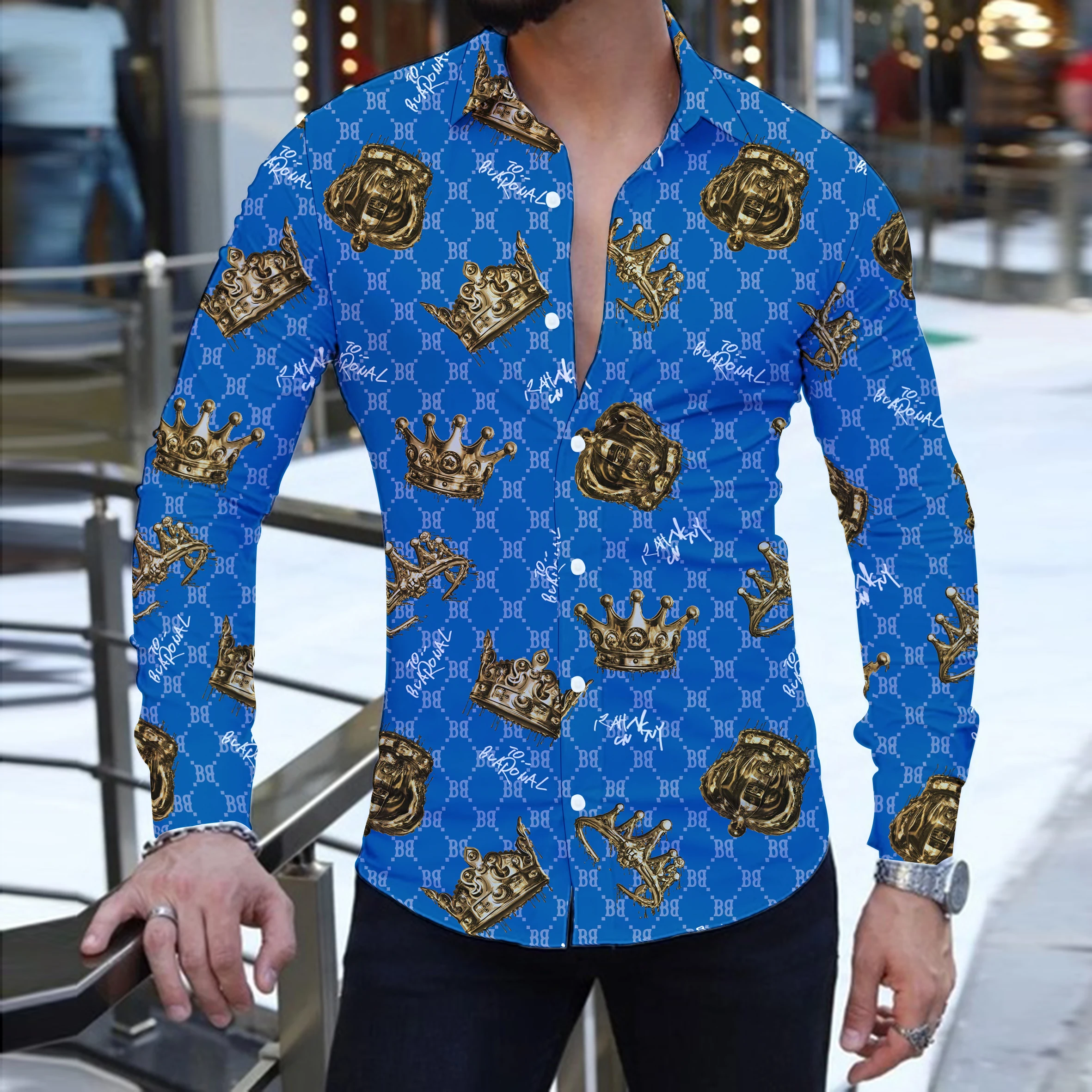 2023 Summer Fashion New Men\'s Long-Sleeved Shirt Street Leisure Beach Party Crown 3D Printing Single Breasted Hawaiian Shirt