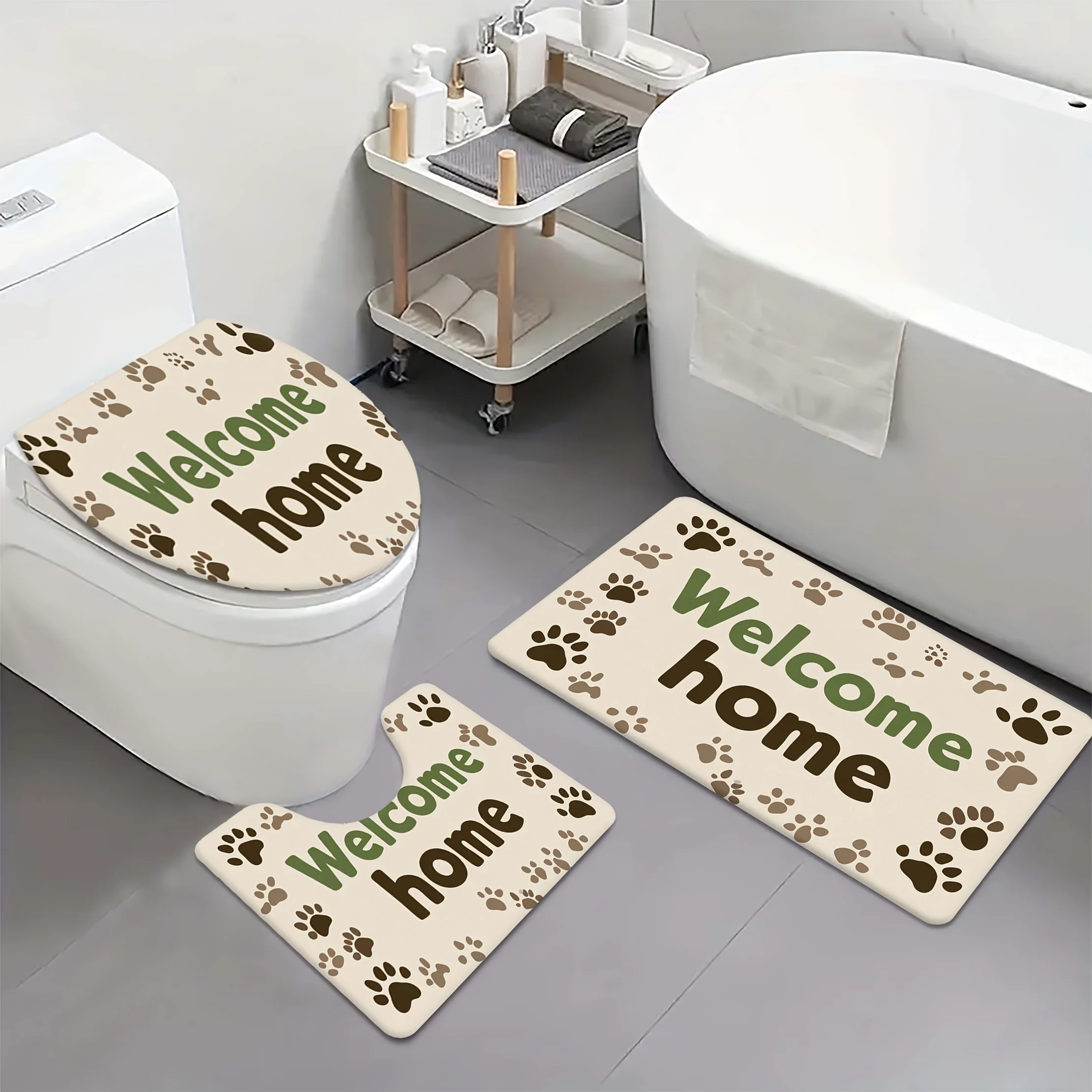 

3pcs Set of U-Shaped Contour Bathroom Mats with "Welcome Home" Paw Print Design - Flannel Non-Slip And Water-Absorbent Bath Mats
