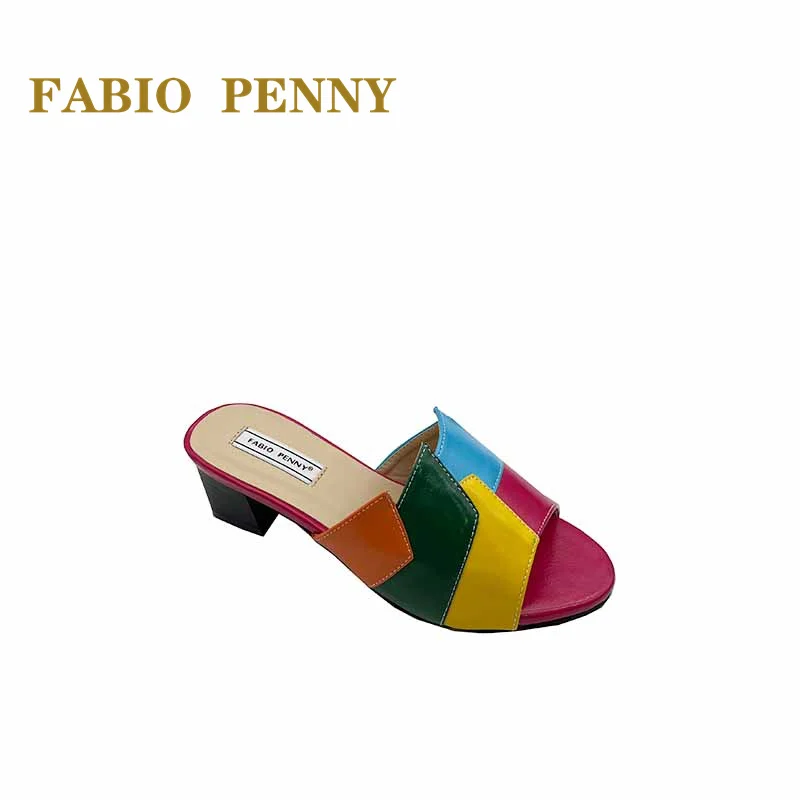 FABIO PENNY African Mom\'s nowe letnie, wielokolorowe, patchworkowe kapcie damskie na średnim obcasie