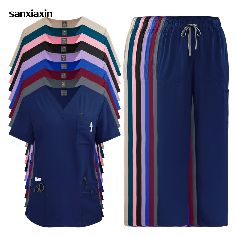 여성용 임상 유니폼 반팔 스크럽 상의 스트레이트 팬츠 세트 간호사 유니폼 병원 의료 액세서리 의사 작업복