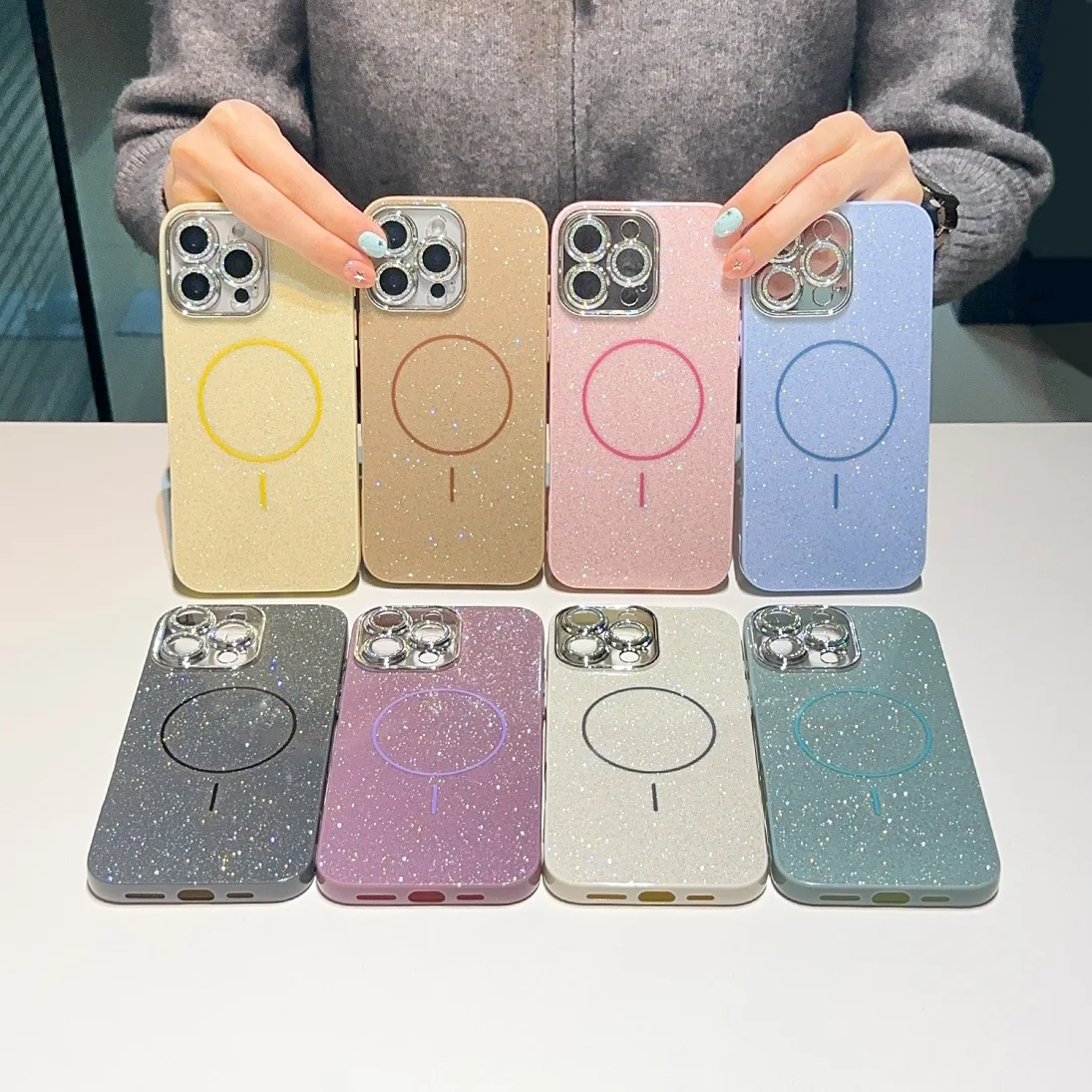 

Luxury Sleek Elegant Glitter Phone Case For iPhone 11 12 13 14 15 16 Pro Max Plus Magnetic Wireless Charge Bumper Cover Funda