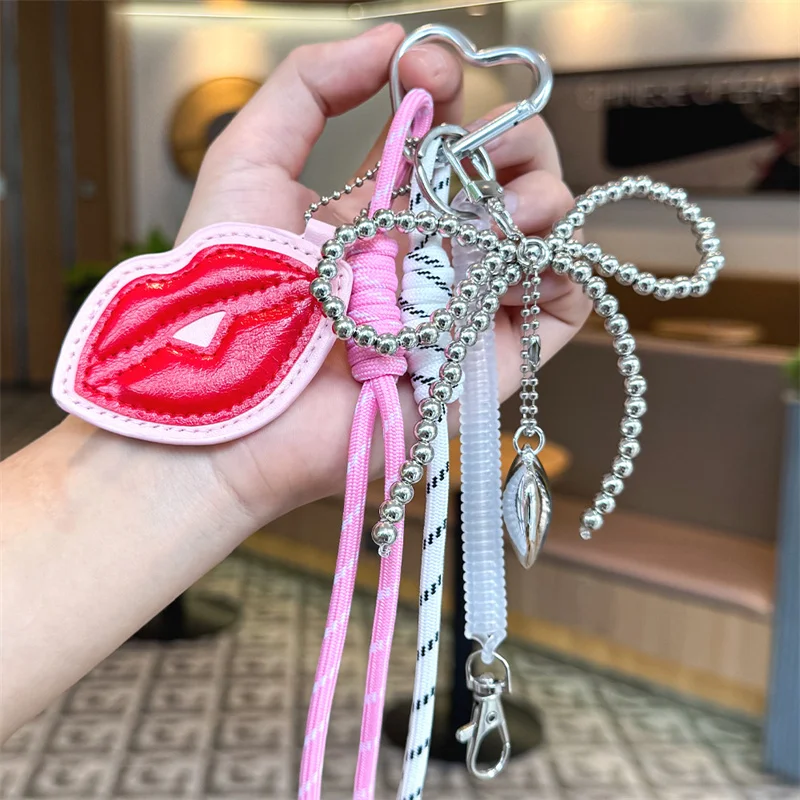 Trendy style Camellia Flower Backpack Red Lip Pendant Hand Woven Rope Hangings Love HeartKey Chain