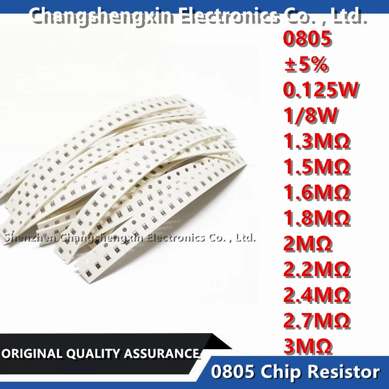 Résistance à puce 100PSC 0805 SMT, tolérance ± 5% 1/8W 0.125W 02/10/2018 1.3MΩ 1.5MΩ 1.6MΩ 1.8MΩ 2MΩ 2.2MΩ 2.4MΩ 2.7MΩ 3MΩ Ohms