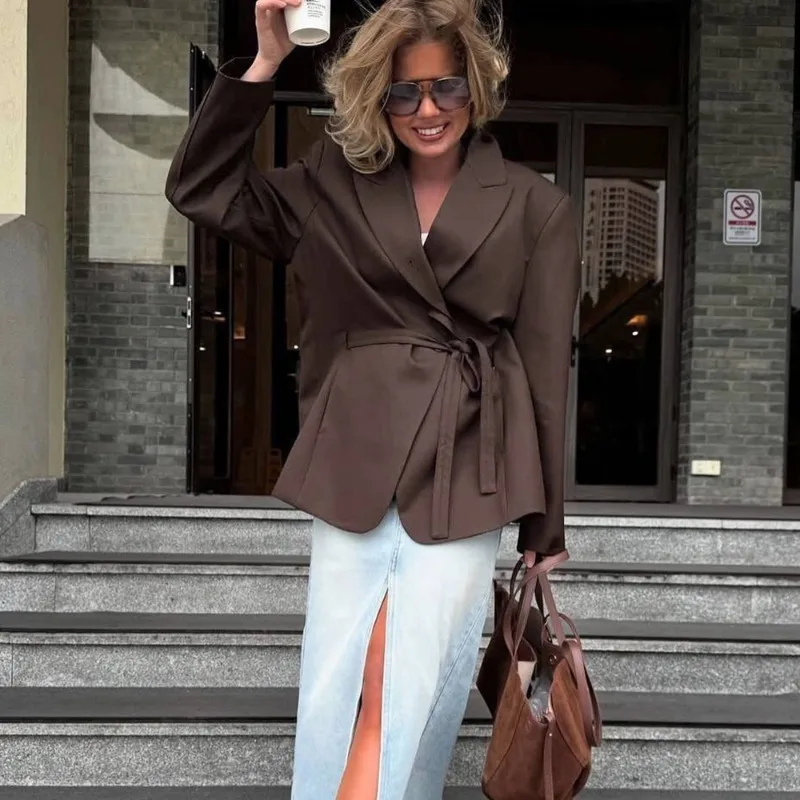 

Talenza Women Casual Blazer New Fashion Lace-up Patchwork Slim Vintage Loose Jacket Autumn Elegant Commuter Chic Female Outwear