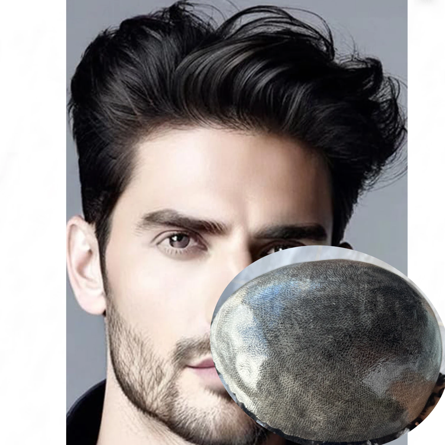 

#1 Jet Black 130%Densit All Poly Mens Toupee 100% Human Hair System Thin Skin PU Injection Toupee Brown Blonde Gray Men Hair Wig