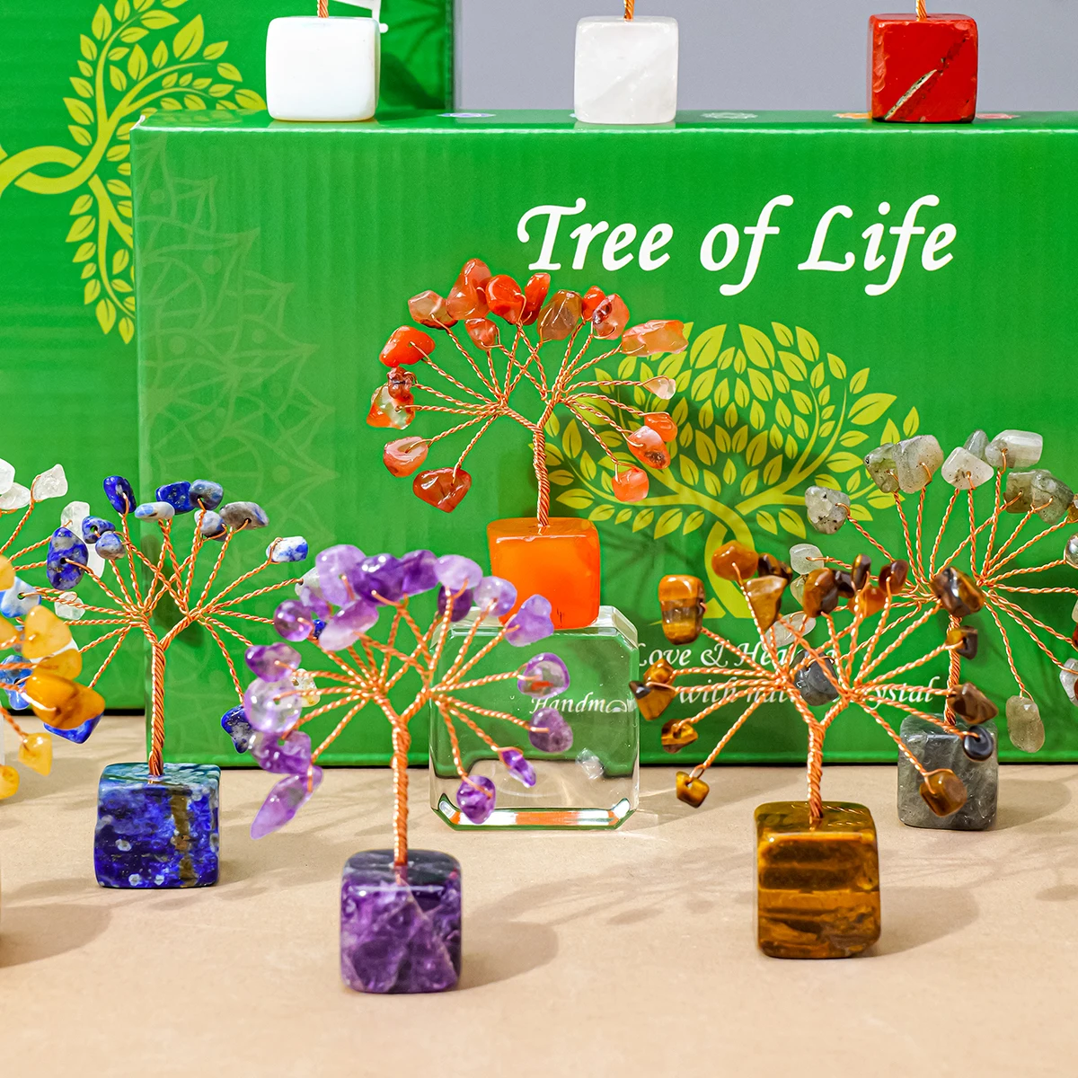 1pc Natural Gemstone Crystal Chakela Lucky Tree With Block Base Home Office Desk Living Room Crystal Decor Mini Sized Home