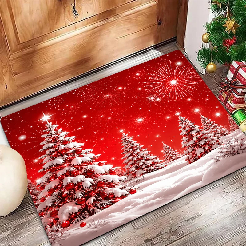 Red Christmas Winter Forest Doormat Snow Covered Pine Tree Firework Print Entry Floor Mat Xmas Holiday Front Door Home Decor
