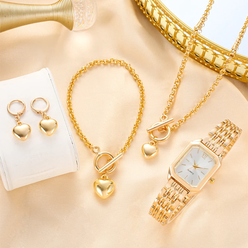 Trendy Square Women's Watch Gold Watch Women's Watch Steel Belt Women's Watch Set