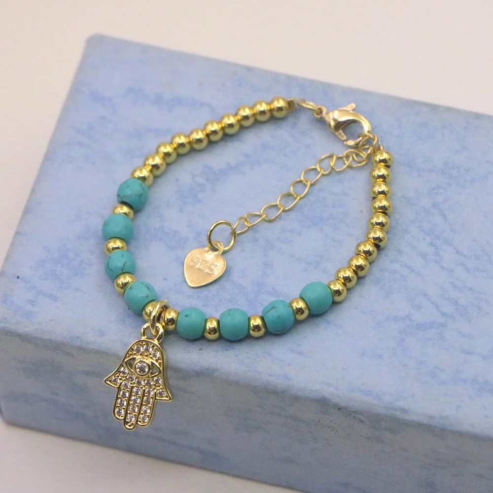 Nueva Pulsera Linda para Bebé con Colgante Mano de Fátima, Piedra Natural, Diseño de Ojo Turco, Regalo para Niña de Un Año, Joyería para Bautizo