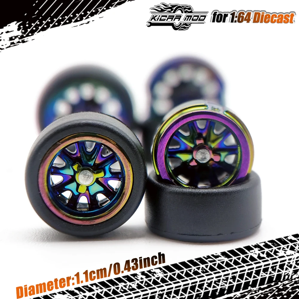 Neumáticos lisos de goma de 1/64 y 11mm, letras de banda y ruedas de coche modelo fundido a presión para Hot Wheels 1:64 (1 juego), ruedas para 1 64