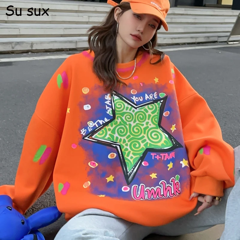 Casual O Neck Pullover Oversized Sweatershirts Top Women Y2k Clothes Bust 140cm Loose Pentagram Print Hoodie Vestidos Streetwear