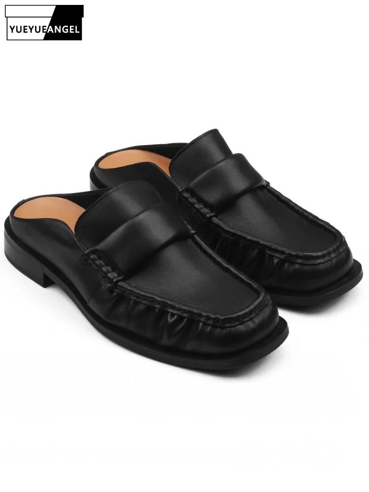 

Mens Vintage Close Toe Cowhide Genuine Leather Slippers Business Casual Summer New Work Shoes Comfortable Slip On Loafers Slides