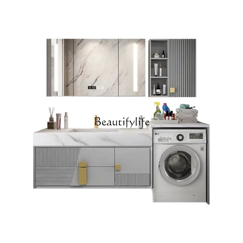 Balcony Slate Seamless Integrated Ceramic Basin Washing Machine Cabinet Combined Bathroom Oak Wash Table