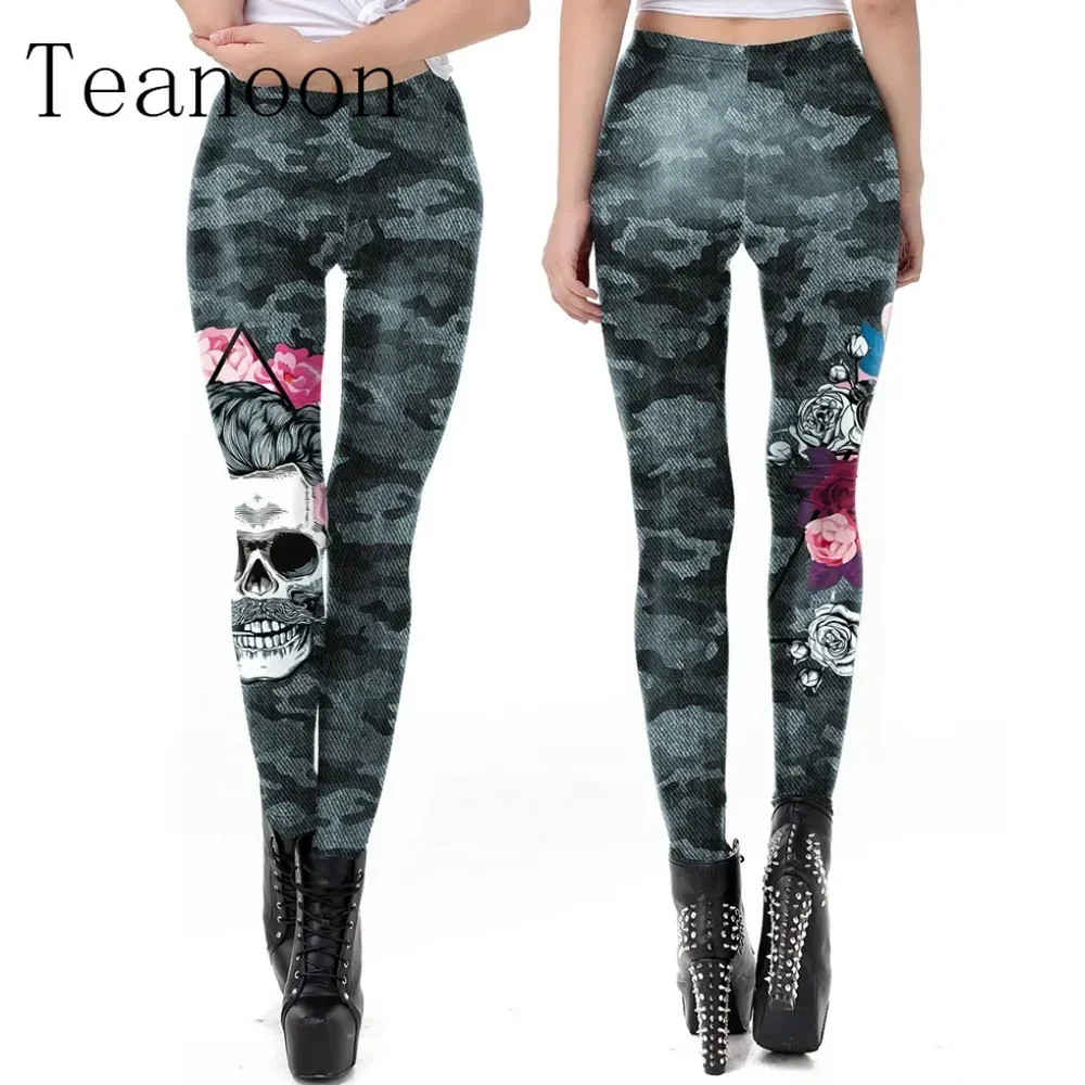 Leggings de camuflagem caveira para mulheres, impresso digital, cintura baixa, calças inferiores, calças femininas, roupas góticas, Halloween