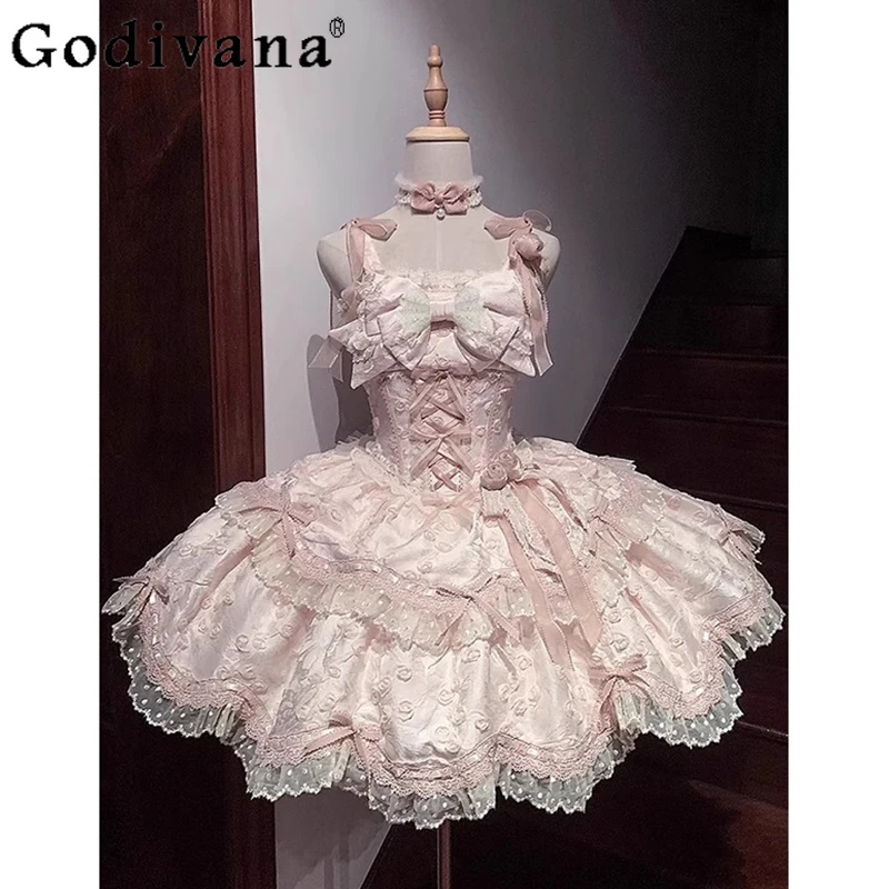 

Pink Lolita Dress Jsk Suspender Dress Women's Summer New Mini Short Dress Women's Sweet Cute Bow Lace Princess Party Dresses