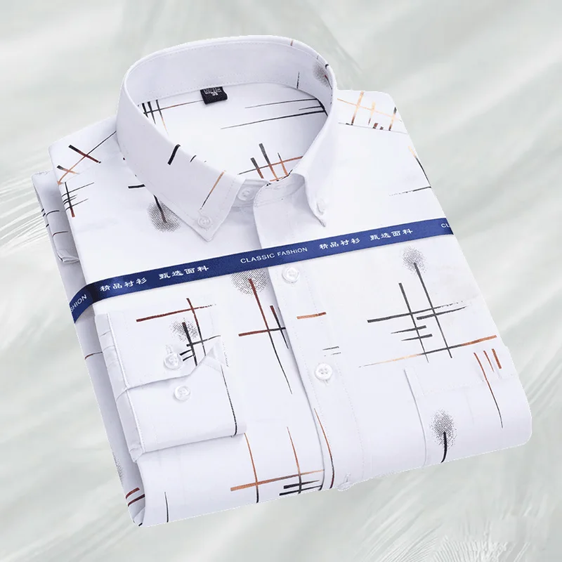 Mens Classic Long Sleeved Shirt Spring and Autumn Plaid Printing Tops Casual Business  Formal White Shirt Male Social Clothing