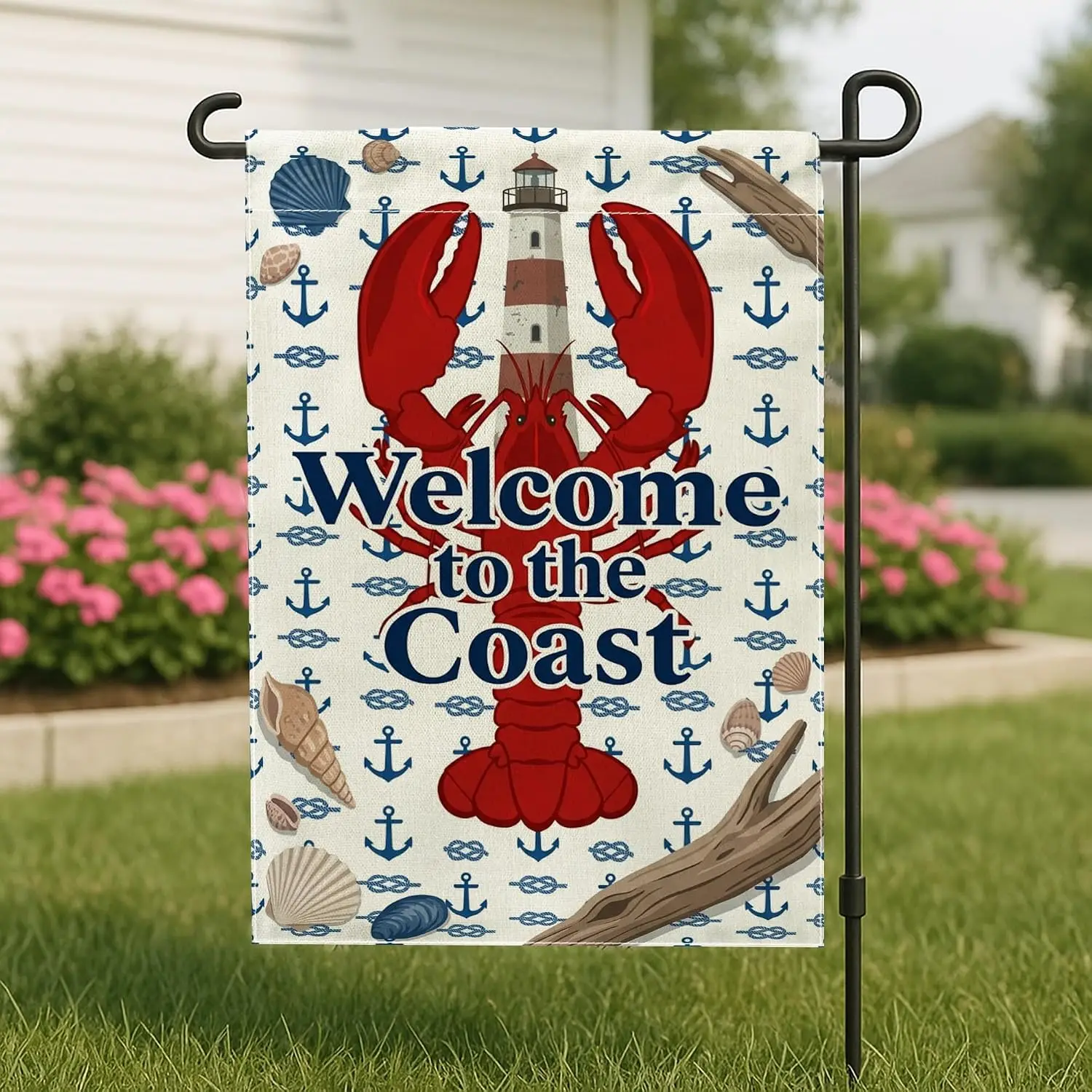 Lobster Garden Flag, Coastal Nautical Lighthouse Shell Summer Red Double Sided Burlap Yard Decorative Flags for Outdoor Lawn aaz