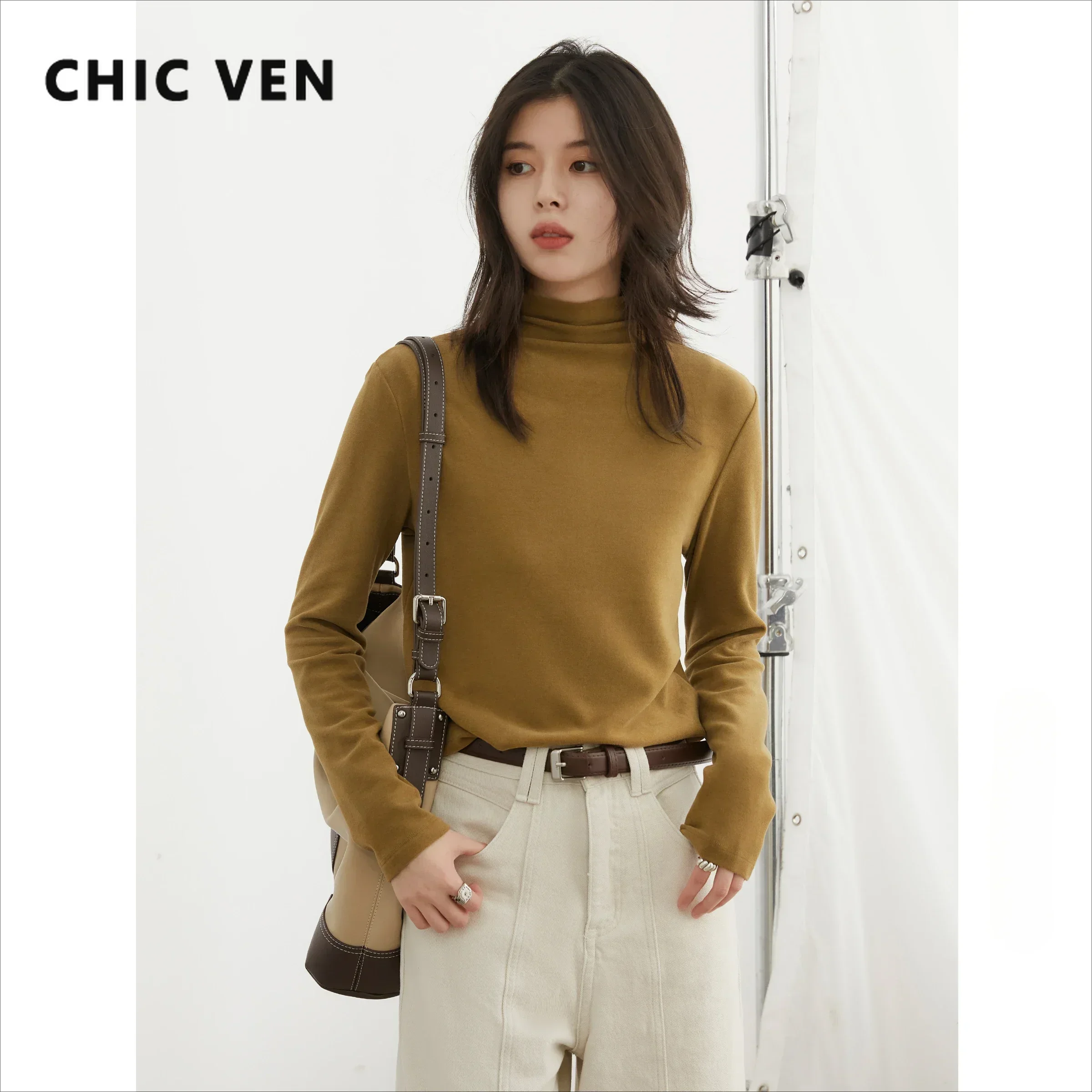 CHIC VEN Women T-Shirts Solid Slim Turtleneck Sweater Long Sleeved Base Female Tees Double Sided Sanding Autumn Winter 2024