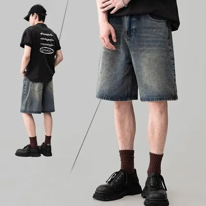 디자이너 의류 바지 남성 트렌드 레트로 데님 반바지 남성 여름 2025 신상 루즈핏 캐주얼 5부 워싱 팬츠 보이프렌드 진