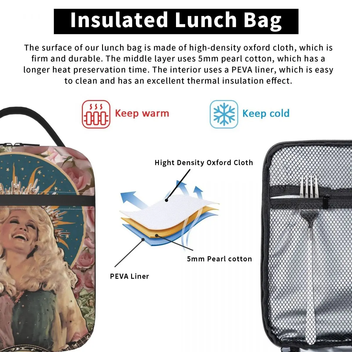 D-Dollys المغني الوردي الوردي معزول حقيبة الغداء قدرة عالية وجبة الحاويات حقيبة حرارية حمل علب الاغذية مكتب في الهواء الطلق الرجال النساء