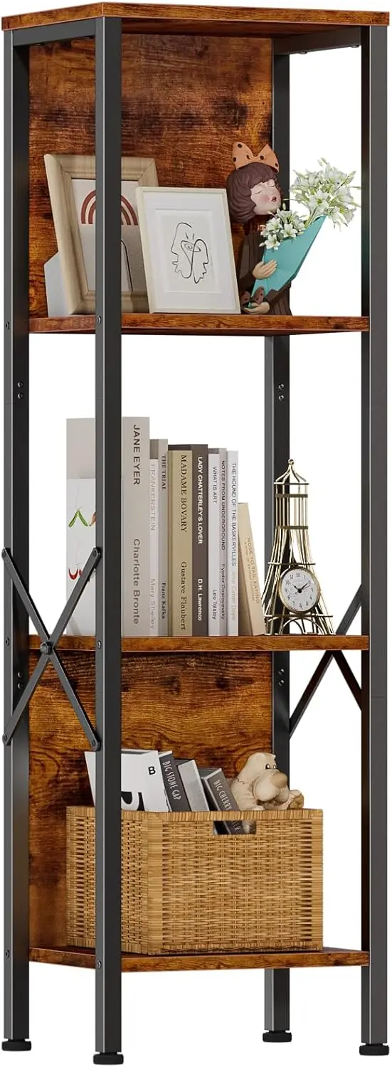 

4 Tier Small Bookshelf with Back,Short Narrow Bookcase with Shelves,Industrial Freestanding Shelf Units,Metal and Wooden Display