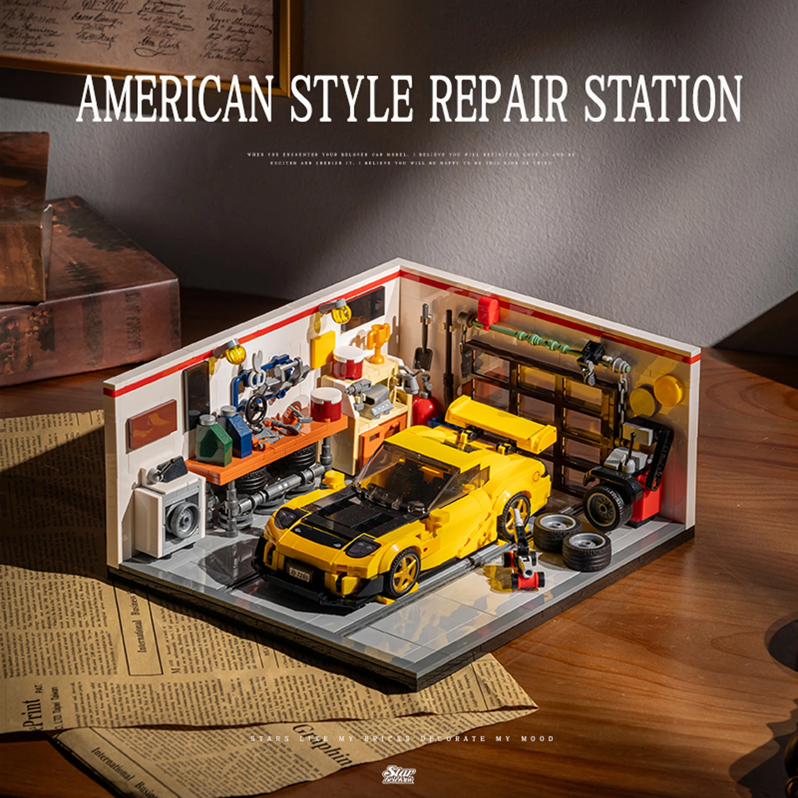 Moc estilo americano loja de reparo de automóveis blocos de construção técnica retro garagem arquitetura diy tijolos brinquedos para crianças adultos presentes