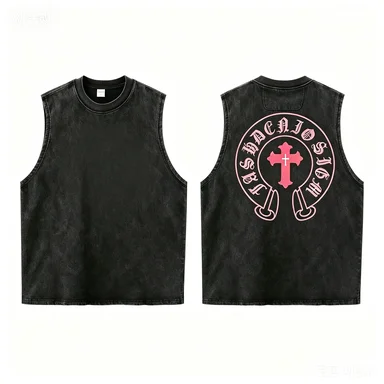 Vintage Gothic Sleeveless Shirt, Yellow Cross Horseshoe Graphic, Washed Black Dark Streetwear Tank, Casual Loose Fit view 3
