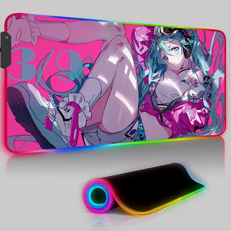 Kawaii Pink HD Mouse Pad RGB PC Anime Girl Keyboard Mousepad LED Laptop H-Hatsunes Miku Gaming Accessories Desk Mat XXL Carpet